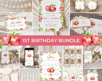 May include: A collection of party supplies with an apple theme. Includes invitations, banners, food labels, water bottle labels, thank you cards, and cupcake toppers. The text "1st Birthday Bundle" is displayed prominently.