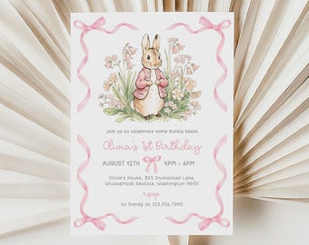 Peter Rabbit 1st Birthday Invitation | Flopsy Bunny Birthday Invite Template | Pink Bow Bunny Birthday Invite | Girl Birthday Invite | BD33