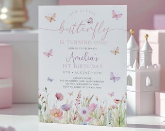 Butterfly 1st Birthday Invitation | Pink Wildflower Birthday Invite | Girl Butterfly Party Evite | Editable Floral Birthday Invite | BD7