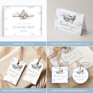 May include: Printable baby shower thank you cards and tags featuring a blue airplane with clouds. The text on the cards and tags says "thank you" and "for showering our baby".