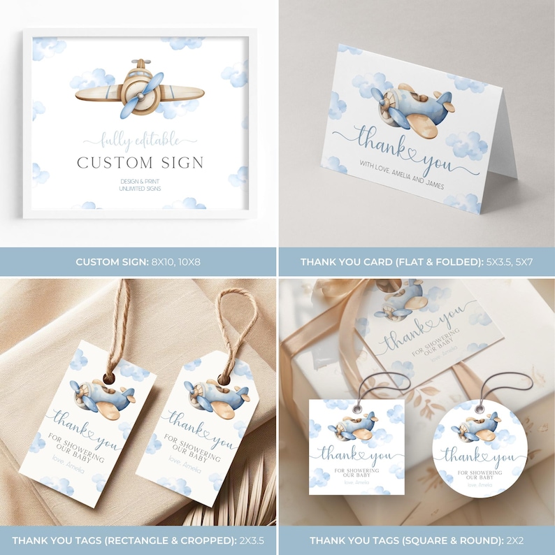 May include: Printable baby shower thank you cards and tags featuring a blue airplane with clouds. The text on the cards and tags says "thank you" and "for showering our baby".