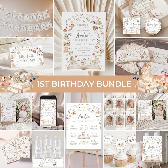 Storybook 1st Birthday Bundle | Chapter One Birthday Invitation Set | First Chapter Birthday Decor | Book Themed Birthday Invite Pack | BD35