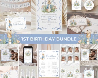 Peter Rabbit 1st Birthday Bundle | Flopsy Bunny Birthday Invitation Set | Blue Bow Bunny Birthday Invite Pack | Rabbit Birthday Decor | BD16