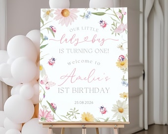 Ladybug 1st Birthday Welcome Sign | Love Bug Birthday Welcome Poster | Our Little Lady Bug Birthday Decor | Floral Bugs Welcome Board | BD40