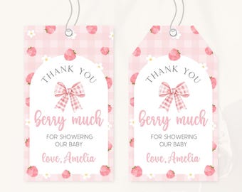 Etiqueta de agradecimiento para baby shower de fresa / Etiqueta de recuerdo para baby shower de bayas dulces / Decoración para baby shower de bayas rosas / Etiqueta de regalo para baby shower de verano / BS10