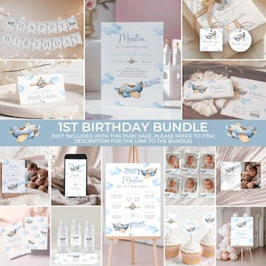 Puede incluir: Un paquete de imprimibles para una fiesta de cumplea&ntilde;os de 1er a&ntilde;o con tem&aacute;tica de avi&oacute;n azul y blanco. El paquete incluye una pancarta, una invitaci&oacute;n, una etiqueta de comida, adornos para cupcakes, etiquetas para botellas de agua, etiquetas de agradecimiento y un cartel. El texto en el cartel dice "Martin Mi 1er Cumplea&ntilde;os 20 28".