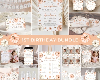 May include: A collection of fall-themed party supplies with a pumpkin motif. Includes banners, invitations, food labels, thank you tags, and a sign that reads "Amelia's First Birthday." The color palette features soft oranges, creams, and browns.