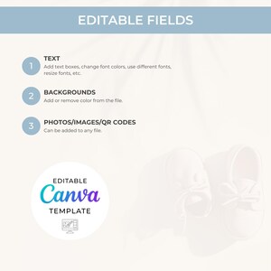 Puede incluir: Plantilla Canva editable con texto, fondos y fotos/im&aacute;genes/c&oacute;digos QR. La plantilla presenta un fondo azul claro con texto blanco y un par de zapatos de beb&eacute;.
