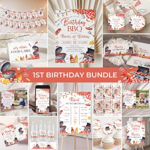 BBQ 1st Birthday Invitation Bundle | Backyard Grill Birthday Invite Set | Barbecue Birthday Party Decor | Red Picnic Birthday Pack | BD41