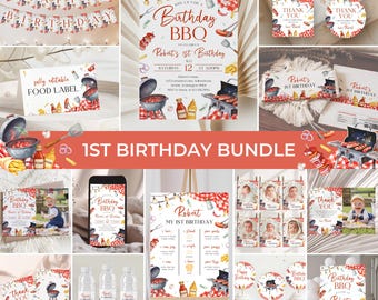 BBQ 1st Birthday Invitation Bundle | Backyard Grill Birthday Invite Set | Barbecue Birthday Party Decor | Red Picnic Birthday Pack | BD41