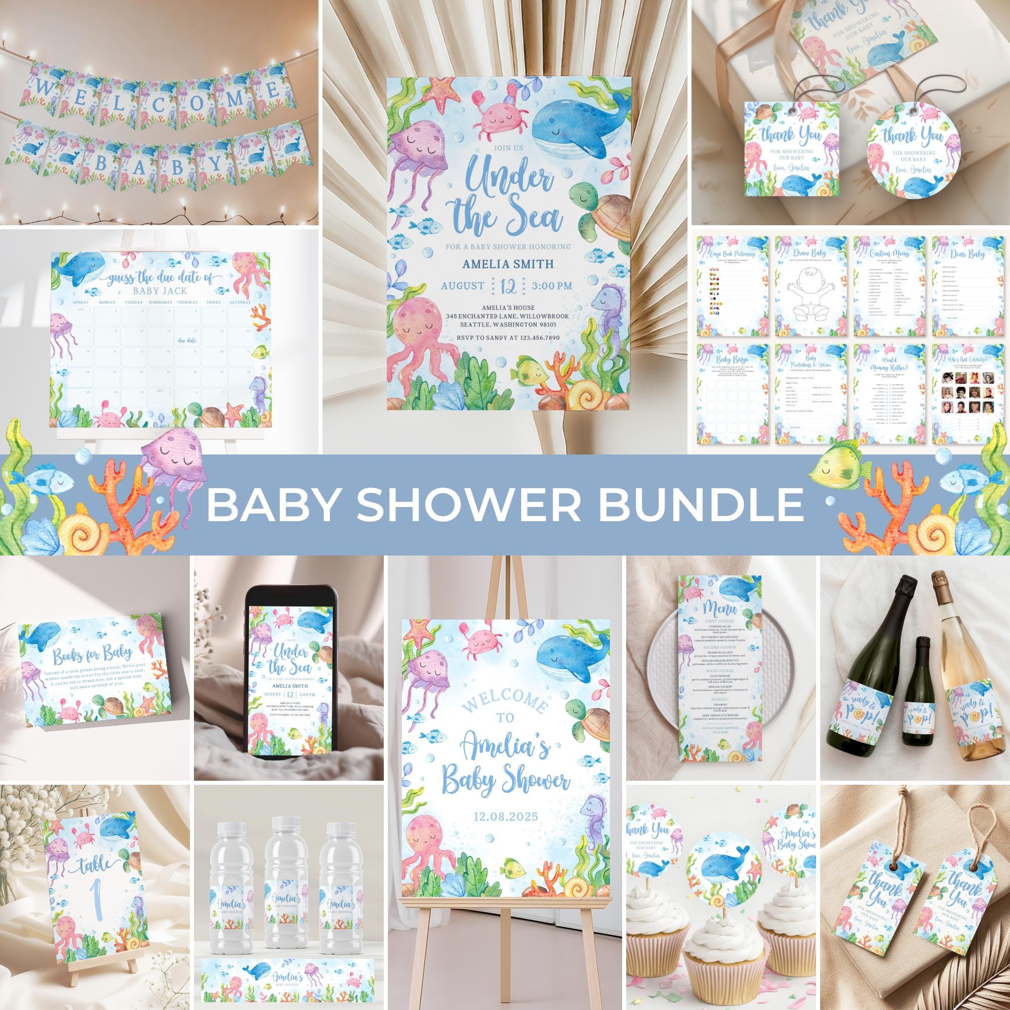 Under The Sea Baby Shower Invitation Bundle | Ocean Animals Shower Party Decor | Nautical Shower Invite Pack | Ocean Baby Shower Games | BS9