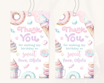 Etichetta regalo per il primo compleanno di Sweet One / Etichetta di ringraziamento per il compleanno di dolci / Decorazione di compleanno con ciambelle, caramelle e gelato / Etichetta regalo di compleanno con dessert / BD14