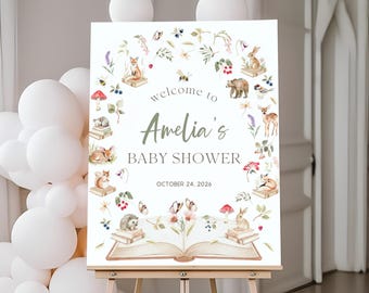 Tabliczka powitalna na baby shower z motywem bajki | Plakat powitalny na baby shower z motywem książki | Dekoracja baby shower z motywem książki | Szablon do edycji | BS35