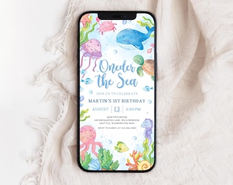 Oneder The Sea Birthday Phone Invitation | Ocean Animals 1st Birthday Mobile Invite | Under The Sea Birthday Evite | Editable Template | BD9