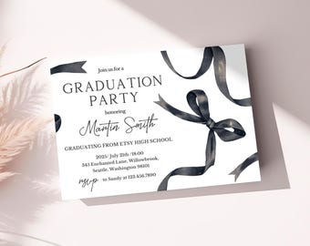 Black Bow Graduation Invitation Card | Minimalist Graduation Party Invite Card | Modern Graduation Announcement Template | Class of 2026
