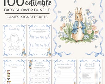 Peter Rabbit Baby Shower Game Bundle | Flopsy Bunny Baby Shower Game Set | Blue Bow Bunny Baby Shower Games | Rabbit Shower Game Pack | BS16