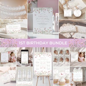 Wildflower Birthday Invitation Bundle | Floral 1st Birthday Decor | Little Wildflower Birthday Pack | Girl Flower Birthday Invite Set | BD8