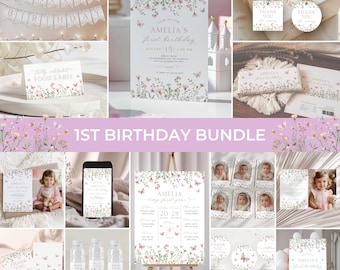 May include: A printable 1st birthday party bundle with a floral and butterfly theme. The bundle includes invitations, food labels, thank you tags, a welcome sign, cupcake toppers, and more. The text on the invitation reads "Amelia's First Birthday".