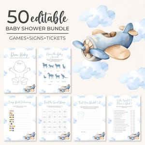 Può includere: Un set di 50 giochi, cartelli e biglietti per baby shower stampabili. I giochi includono "Disegna un bambino", "Nomina l'animale del bambino", "Dizionario della banca emoji", "Bingo degli ospiti", "Lista dei secchi del primo anno" e "Chi l'ha detto? Mamma o papà?" Il design presenta un aereo blu con accenti marroni che vola tra nuvole bianche.