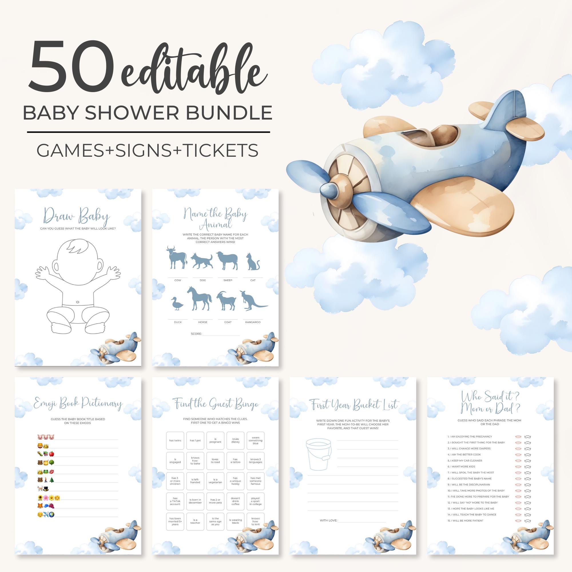 Airplane Baby Shower Games Bundle | Vintage Blue Plane Baby Shower Games Pack | Travel Baby Shower Games Set | Up Up and Away Games | BS4