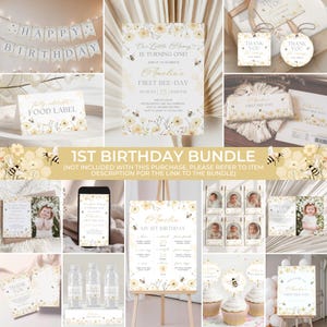 May include: A selection of party stationery with a bee theme, including invitations, thank you cards, food labels, and a banner that reads "Happy Birthday." The invitation says "Our Little Honey is Turning One!" and "Amelia's First Bee-Day."