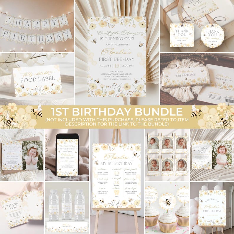 May include: A selection of party stationery with a bee theme, including invitations, thank you cards, food labels, and a banner that reads "Happy Birthday." The invitation says "Our Little Honey is Turning One!" and "Amelia's First Bee-Day."