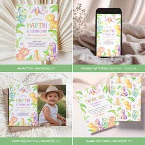 May include: A set of dinosaur-themed party invitations and thank you cards. The invitations feature colorful dinosaur illustrations and the text "Martin is turning one!" The thank you cards have a matching design and text.