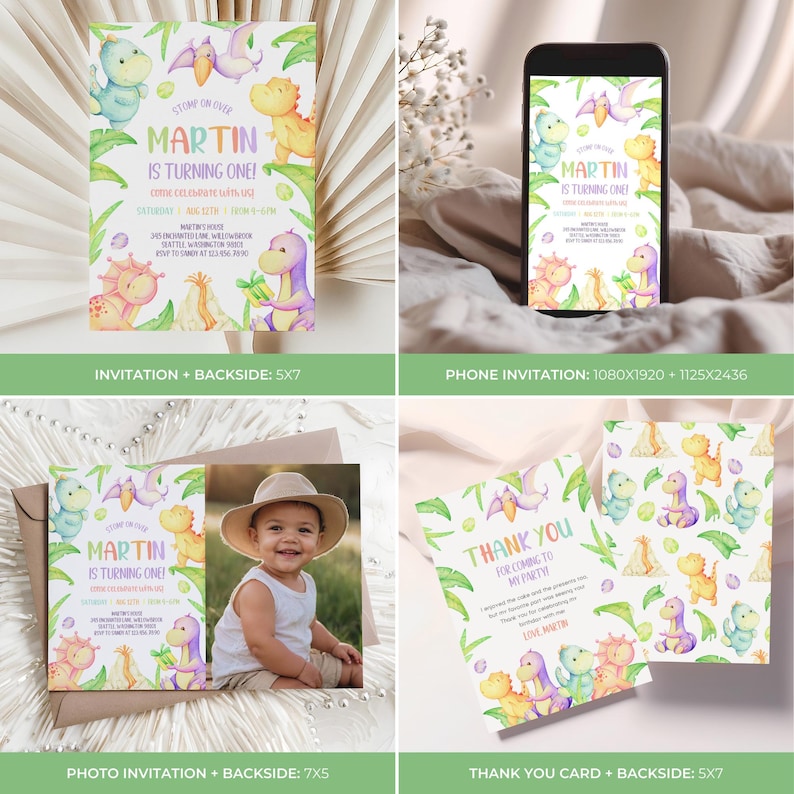 May include: A set of dinosaur-themed party invitations and thank you cards. The invitations feature colorful dinosaur illustrations and the text "Martin is turning one!" The thank you cards have a matching design and text.