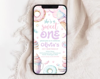 Editable Sweet One 1st Birthday Evite | Pastel Sweets Birthday Phone Invitation | Dessert Donut Candy Ice Cream First Birthday Invite | BD14