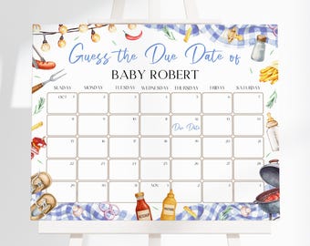 BBQ Baby Shower Calendar Sign | Baby-Q Baby Shower Due Date Calendar | Backyard Grill Baby Shower Decor | Blue Barbecue Calendar Sign | BS43