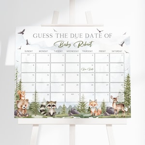 Woodland Baby Shower Due Date Calendar | Woodland Animals Baby Shower Calendar Sign | Editable Mountain Forest Baby Shower Decor | BS21