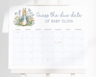 May include: A white calendar on an easel with the text "Guess the due date of Baby Olivia." A watercolor illustration of a rabbit in a blue jacket is in the upper left corner. The calendar grid is for August and September.