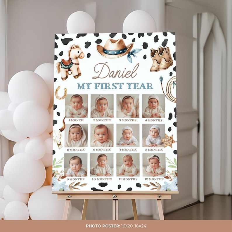 May include: A personalized photo poster with a cowboy theme, featuring the name "Daniel" and the text "MY FIRST YEAR." It includes a series of baby photos from 1 to 12 months, along with cowboy-themed illustrations. The poster is available in 16x20 and 18x24 sizes.