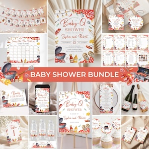 Puede incluir: Un conjunto de artículos para fiestas de baby shower con temática de barbacoa. Incluye invitaciones, pancartas, adornos para cupcakes y etiquetas de agradecimiento. La combinación de colores es rojo, blanco y marrón, con ilustraciones de herramientas y comida para asar.