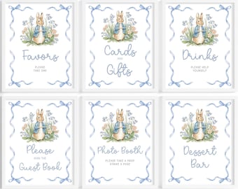 Peter Rabbit Birthday Table Sign Bundle | Flopsy Bunny 1st Birthday Table Sign Set | Blue Bow Bunny Birthday Decor | Boy Bunny Signs | BD16