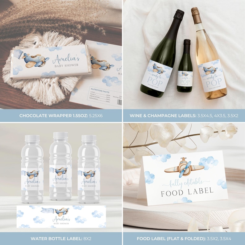May include: Printable baby shower party decorations featuring a blue airplane and clouds. Includes labels for chocolate bars, wine bottles, water bottles, and food.