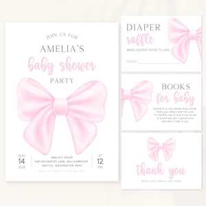 Babypartyeinladung mit Schleife | Pastell Schleifen-Babyparty-Set | Kokette Mädchen-Babyparty-Einladungs-Pack | Bogen-Babyparty einladen | BS15