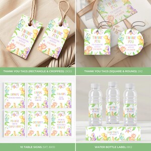 May include: A collection of party supplies with a dinosaur theme. Includes rectangular and round thank you tags, table signs, and water bottle labels. The designs feature watercolor dinosaurs, greenery, and the text "Thank You" and "Martin's First Birthday".