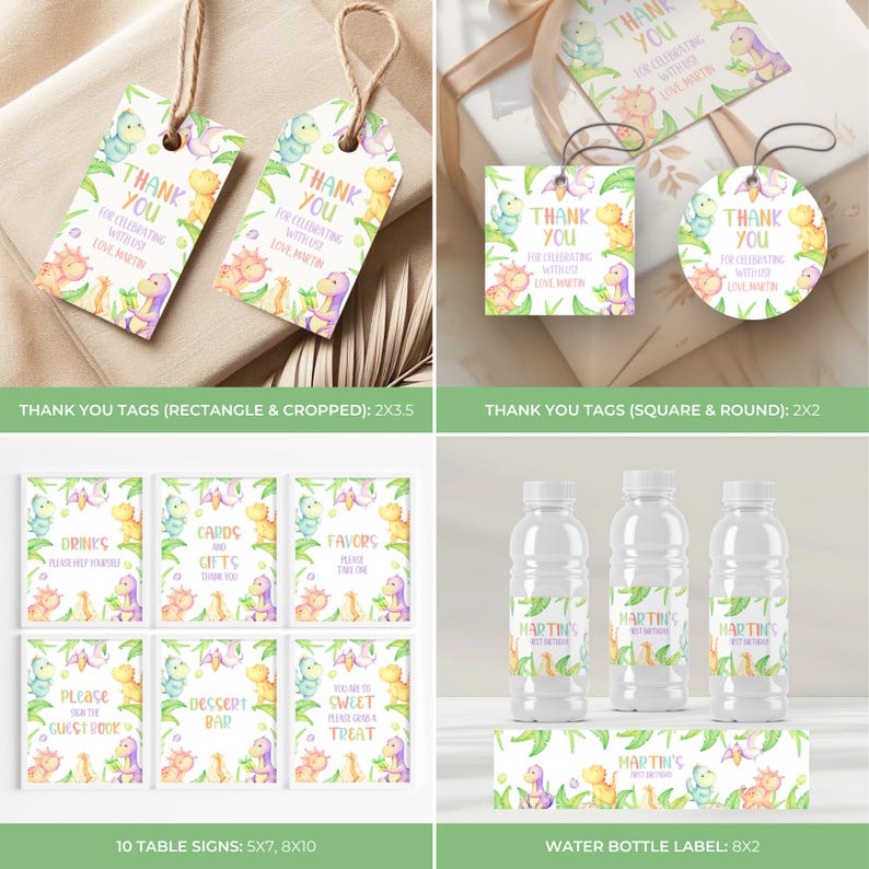 May include: A collection of party supplies with a dinosaur theme. Includes rectangular and round thank you tags, table signs, and water bottle labels. The designs feature watercolor dinosaurs, greenery, and the text "Thank You" and "Martin's First Birthday".