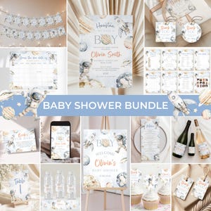 Puede incluir: Un conjunto de decoración para baby shower con temática espacial, que incluye invitaciones, pancartas y decoraciones. El diseño incluye planetas, cohetes y un astronauta. La paleta de colores es suave, con acentos azules, beige y naranja. Se muestra el texto "Baby Shower Bundle".