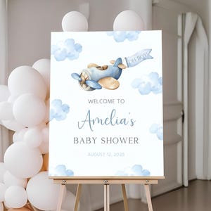 Blaues Flugzeug-Babyparty-Willkommensschild | Vintage Reise-Babyparty-Willkommens-Plakat | Up Up and Away Baby Boy Willkommenstafel | BS4