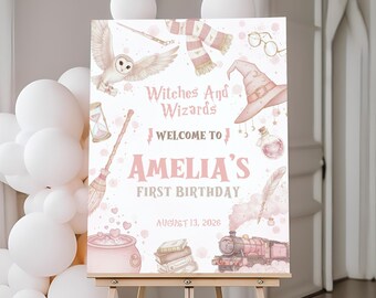 ピンクの魔法使い1歳の誕生日ウェルカムサイン｜魔女の誕生日ウェルカムポスター｜女の子の魔法学校誕生日パーティーデコレーション｜編集可能なテンプレート｜BD64