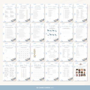 May include: A set of 62 printable baby shower game cards featuring a blue airplane and clouds theme. The cards include games like "Who Said It?", "What Did Mommy Say?", "Baby Bingo", "Baby Trivia", and more.