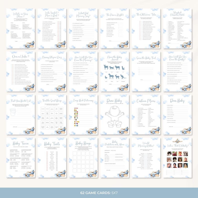 May include: A set of 62 printable baby shower game cards featuring a blue airplane and clouds theme. The cards include games like "Who Said It?", "What Did Mommy Say?", "Baby Bingo", "Baby Trivia", and more.