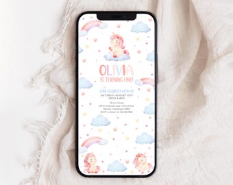 Unicorn 1st Birthday Electronic Invitation | Editable Rainbow Unicorn Birthday Phone Invite | Magical Unicorn Birthday Evite Template | BD1