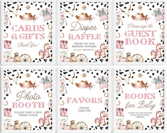 Cowgirl Baby Shower Table Sign Bundle | Girl Rodeo Baby Shower Table Sign Set | A Little Cowgirl Decor | Pink Wild West Table Signs | BS65