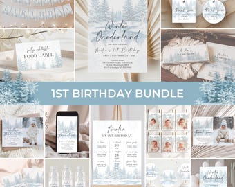 May include: A collection of winter-themed party supplies, including invitations, banners, food labels, and thank you tags. The designs feature a winter forest scene in shades of blue and gray, with the text "Winter Onederland" and "Happy Birthday".