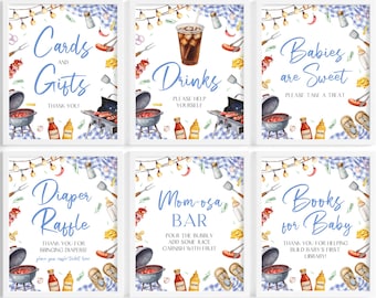 BBQ Baby Shower Table Sign Bundle | Baby-Q Baby Shower Table Sign Set | Backyard Grill Baby Shower Decor | Blue Barbecue Table Signs | BS43