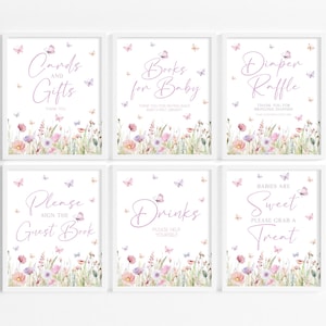 Schmetterling Baby Shower Table Sign Set | Rosa Wildblumen Baby Shower Tischschild Set | Mädchen Schmetterling Baby Shower Party Dekoration | BS7