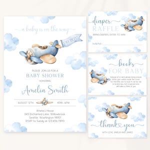 Blauwe uitnodigingsbundel babyshower vliegtuig | Vintage vliegtuig babyshower uitnodigingspakket | Set uitnodigingen voor reisdouche | Doucheuitnodiging vliegtuig | BS4